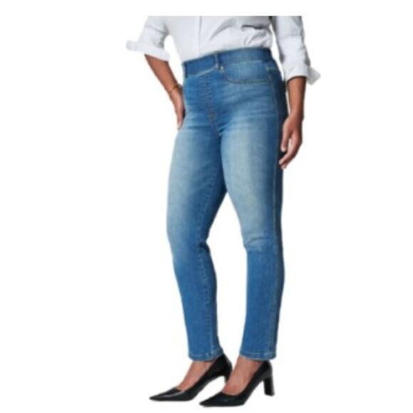 SPANX Style 20356R Straight Leg Pull-On High-Rise Ankle Length Blue Jeans, Sz L - Picture 1 of 7